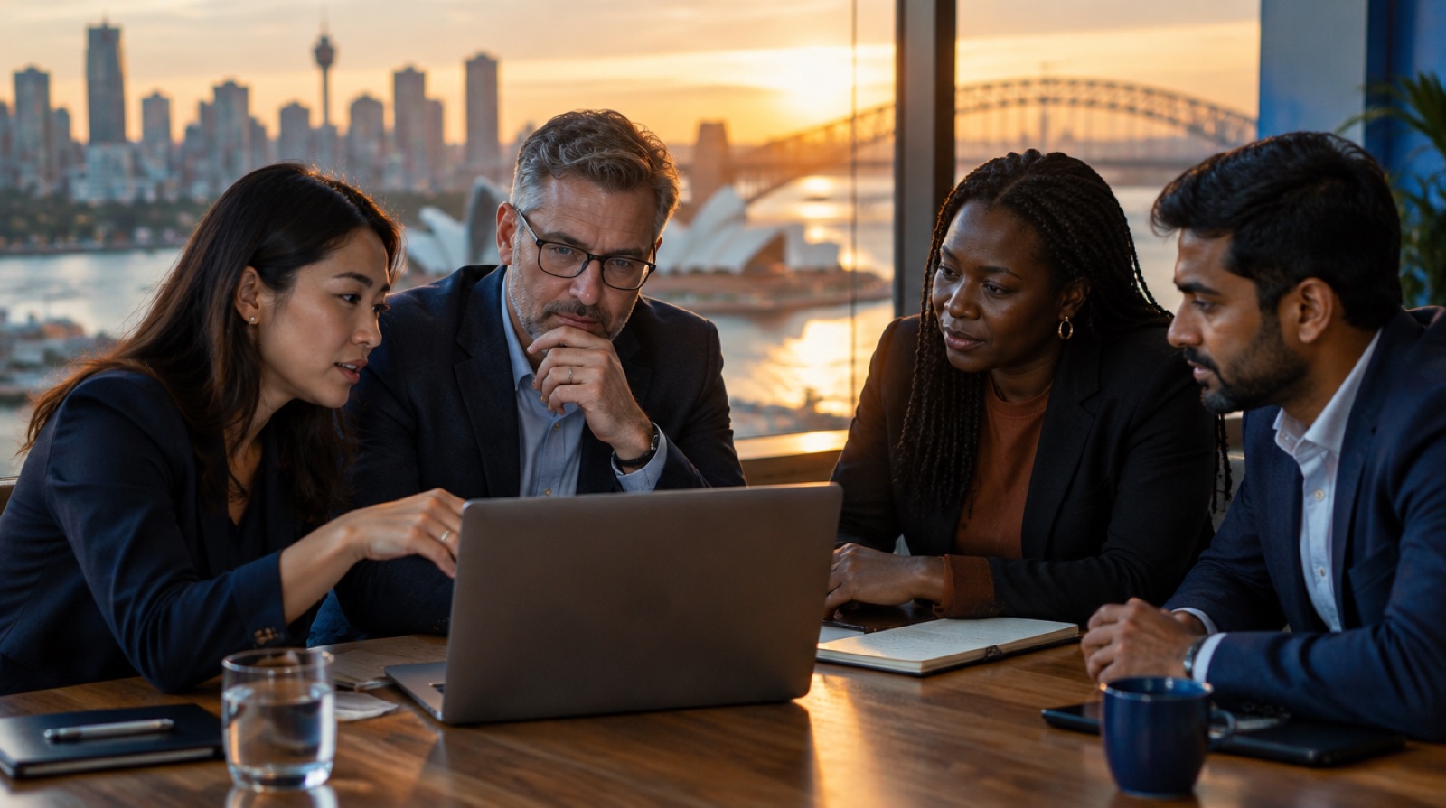 A leadership team in a Sydney office working through an AI implementation plan together