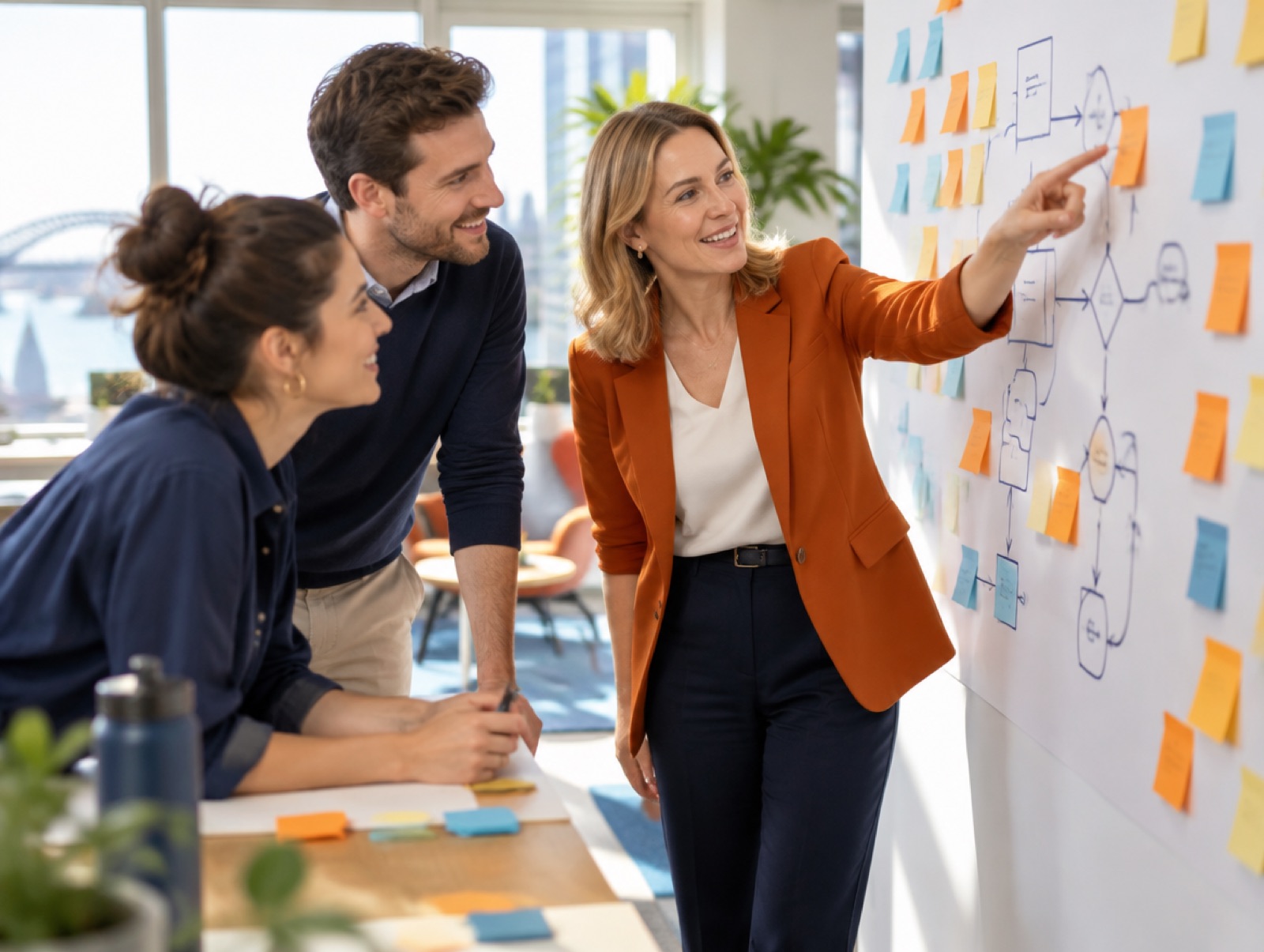A leader redesigning a workflow with her team at a wall of sticky notes