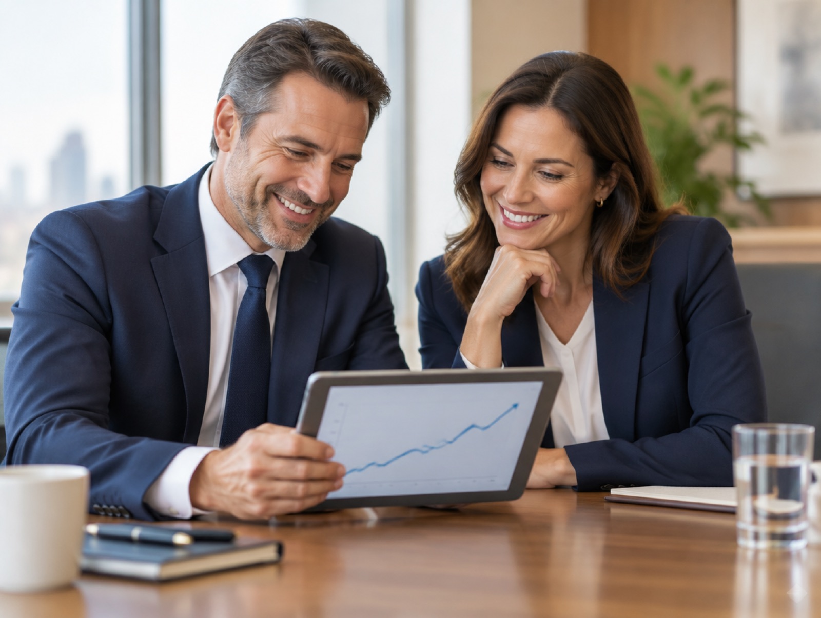An executive and a finance lead reviewing rising results on a tablet