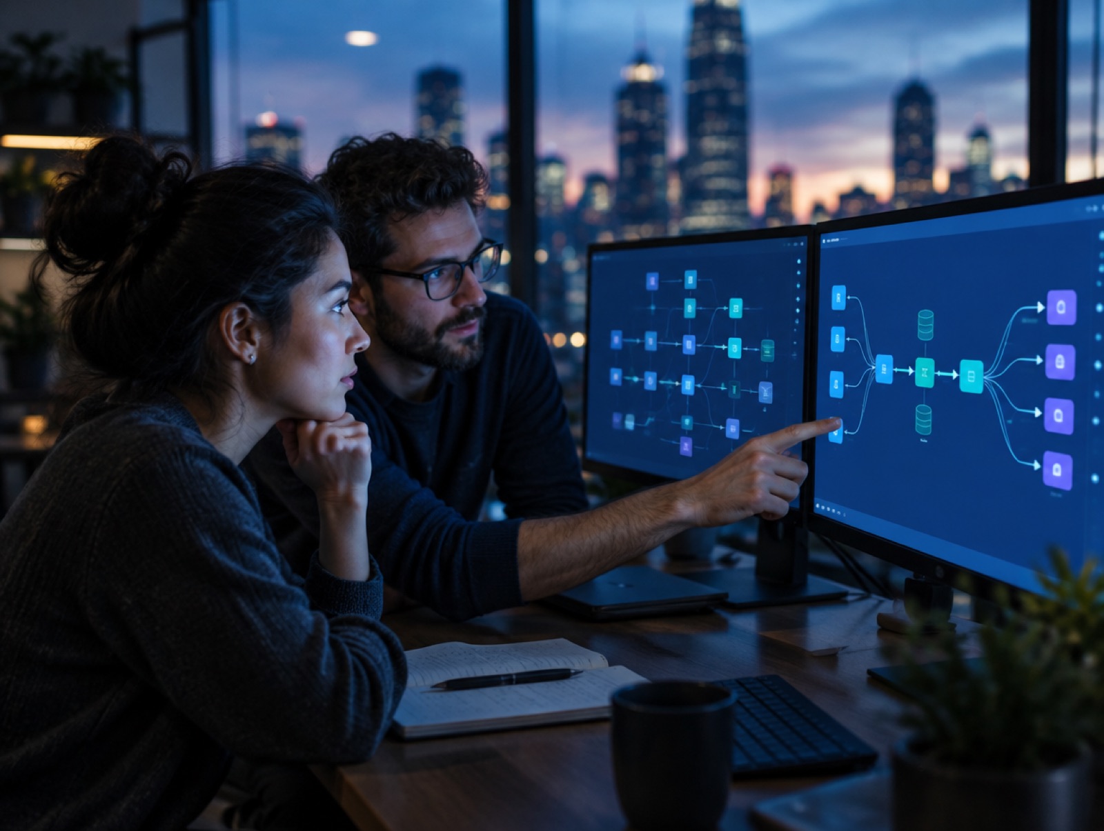 Two engineers reviewing a data pipeline architecture on large monitors