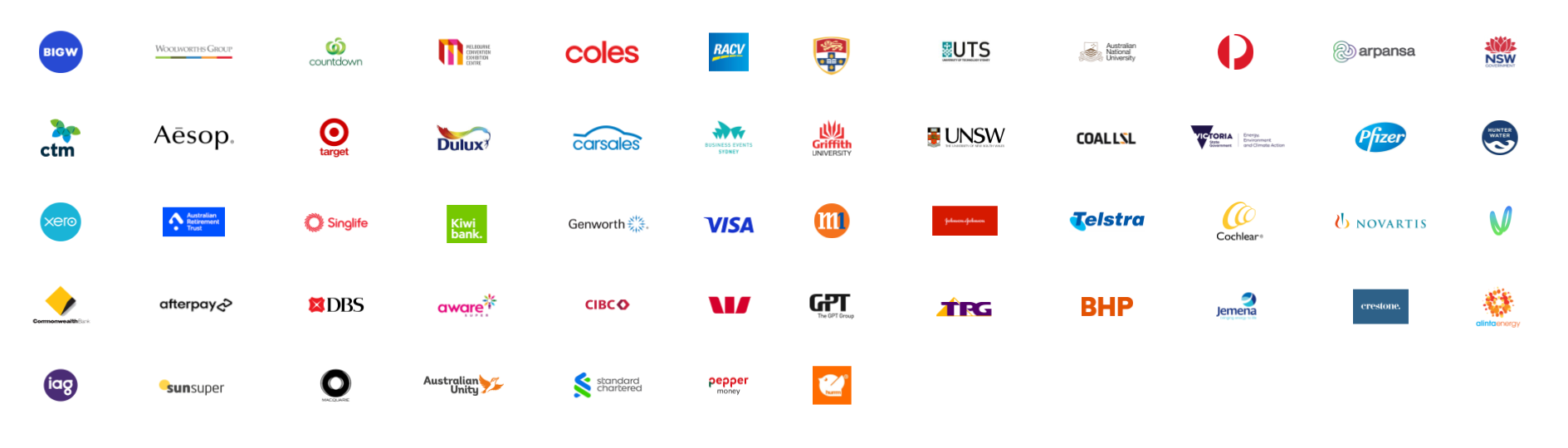 Our partner logos including Woolworths, Coles, Telstra, BHP, and more